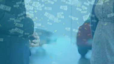 Çeşitli iş adamları üzerinde dolar ve konfeti animasyonu. Küresel iş, finans ve dijital arayüz kavramı dijital olarak oluşturulmuş video.