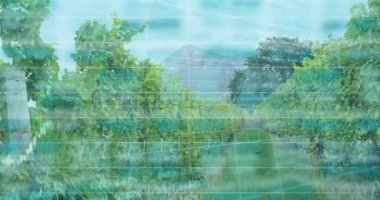 Dağlara ve temiz gökyüzüne karşı birden fazla grafik ve ticaret tahtası animasyonu. Dijital bileşik, çoklu pozlama, rapor, finans, borsa, tarım ve doğa kavramı.