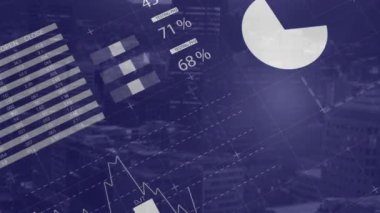 Şehir manzarasının havadan görüntüsüne karşı istatistiksel veri işleme animasyonu. Küresel iş veri teknolojisi kavramı
