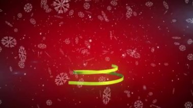 Kırmızı zemine düşen yılbaşı ağacı ve kar animasyonu. Noel, şenlik, kutlama ve gelenek konsepti dijital olarak oluşturuldu.
