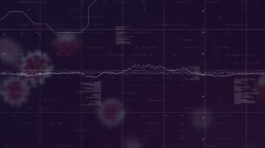 Grafik animasyonu, programlama dili, enfekte hücreler ve mavi arkaplanda soyut desen. Dijital olarak üretilmiş, hologram, kodlama, rapor, finans, korona, hastalık ve teknoloji kavramı.