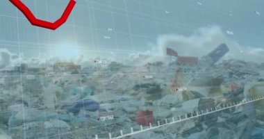 Bulutların üzerindeki çizgi grafiklerinin düşük açılı boşaltma alanı görüntüsüne karşı animasyonu. Dijital bileşik, çoklu maruz kalma, rapor, kayıp, durgunluk, gökyüzü, çöp, atık ve geri dönüşüm.