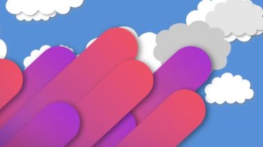 Mavi arka planda bulutlara doğru uçan sıcak hava balonu üzerindeki soyut desen animasyonu. Dijital olarak üretilen hologram, illüstrasyon, vektör, tatil, ulaşım ve macera konsepti.