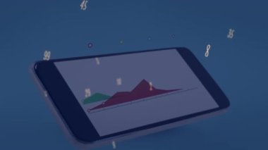 Tablet üzerinde grafiklerle yüzen numaraların animasyonu. Küresel finans, ekonomi, muhasebe ve bütçe kavramı dijital olarak oluşturulmuş video.