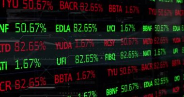 Ticaret panosunun animasyonu ve arkaplandaki aydınlatılmış noktaların soyut şablonu. Dijital olarak üretilmiş, hologram, borsa, yatırım, finans, parlaklık ve teknoloji kavramı.