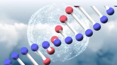 Gökyüzündeki bulutlara karşı dünya çapında dönen DNA yapısının animasyonu. Tıbbi araştırma ve iş ağı teknolojisi kavramı