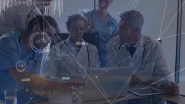 Çizgiler, grafikler, veri tabanı ile birleştirilmiş noktaların animasyonu. Dijital bileşik, çoklu pozlama, rapor, finans, sağlık, iletişim ve teknoloji.