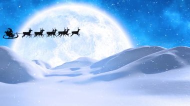 Kış manzarası boyunca Noel Baba 'nın üzerine ren geyiğiyle kar yağan animasyon. Noel, gelenek ve kutlama konsepti dijital olarak oluşturuldu.