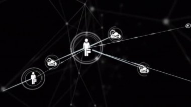 Siyah arkaplan üzerinde hareket eden çizgilerle bağlantılı simge ve noktaların animasyonu. Dijital olarak üretilmiş, hologram, illüstrasyon, soyut, iletişim, iş ve teknoloji kavramı.