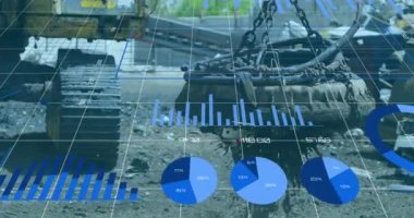 Çöp sahasında finansal veri işleme animasyonu. Küresel ekoloji, finans ve dijital arayüz kavramı dijital olarak oluşturulmuş video.