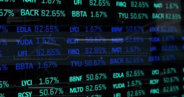 Veritabanı üzerinden işlem tahtası animasyonu ve siyah arkaplan ile soyut çizgi modeli. Dijital olarak üretilmiş, hologram, borsa, yatırım, rapor, finans, ticaret ve teknoloji.