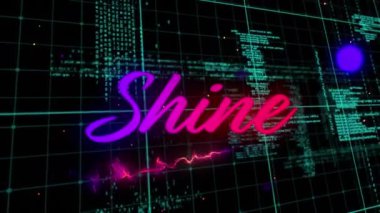 Siyah zemin üzerinde veri işleme ile parlayan neon metnin animasyonu. Küresel sosyal medya ağları, hesaplama ve veri işleme kavramı dijital olarak oluşturulmuş video.