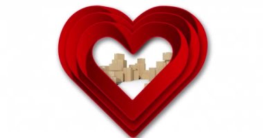 Beyaz arka plandaki kutuların üzerinde kalp animasyonu. Küresel dağıtım, gönderme ve dijital arayüz kavramı dijital olarak oluşturulmuş video.