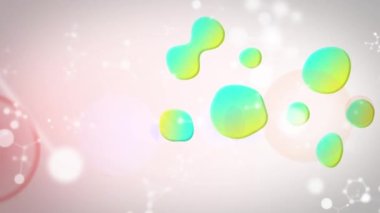 Mavi ve sarı sıvı damlacıkların canlandırılması. Moleküller ışık saçan merceklerde hareket ediyor. Dijital olarak üretilmiş, çoklu maruz kalma, ışık, soyut, atom, biyoloji, tıbbi ve sağlık hizmetleri.