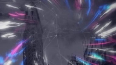 Dijital dalgaların animasyonu, veri işleme ve yüksek binalara karşı bağlantı ağı. Küresel ağ ve iş teknolojisi kavramı