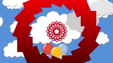 Uçan renkli balonların animasyonu ve mavi arka plandaki bulutların üzerindeki kırmızı soyut desen. Dijital olarak oluşturulmuş, hologram, parti, doğum günü, vektör, illüstrasyon, gökyüzü ve kutlama konsepti.