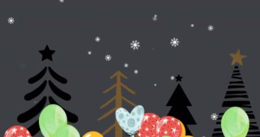 Gri arka planda balon ve ağaçların üzerindeki kar animasyonları. Noel, gelenek ve kutlama konsepti dijital olarak oluşturuldu.