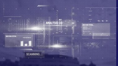 Şehir manzarasının havadan görüntüsüne karşı veri işleme arayüzünün animasyonu. Bilgisayar arayüzü ve iş teknolojisi kavramı