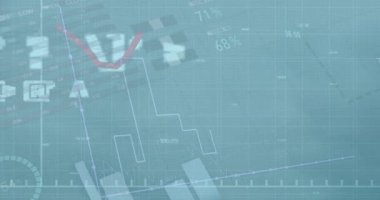 Çoklu grafiklerin, sembollerin, sayıların, gökyüzüne karşı dönen yel değirmenlerinin animasyonu. Dijital bileşik, çoklu pozlama, parola, rapor ve sürdürülebilir enerji, güç üretimi.