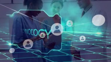 Farklı doktorların ikonlarıyla olan bağlantıların animasyonu. Dijital olarak oluşturulmuş küresel bağlantılar, tıp ve dijital arayüz kavramı.