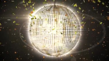 Siyah arka planda dönen disko topu ve konfeti animasyonu. Disko, parti, dans, kutlama ve dijital olarak üretilen yeni yıl konsepti.
