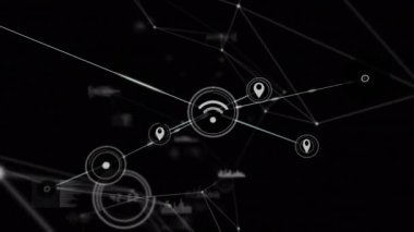 Siyah arkaplan üzerinde hareket eden çizgiler, grafik ve veritabanı ile bağlantılı simgelerin canlandırılması. Dijital olarak oluşturulmuş, hologram, rapor, GPS, wifi, iletişim, internet ve teknoloji kavramı.
