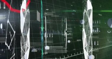 Grafiklerin animasyonu, veri tabanı ve alım satım tahtası üzerinde soyut şablona bağlı çizgiler. Dijital olarak üretilmiş, hologram, rapor, finans, borsa, iletişim ve yatırım kavramı.