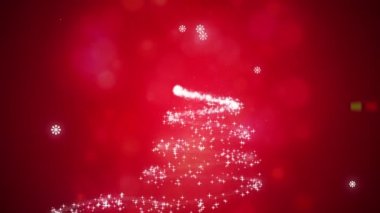 Kayan yıldızın üstünde kar taneleri ve kırmızı arka planda noel ağacı animasyonu. Noel, kış, gelenek ve kutlama konsepti dijital olarak oluşturuldu.