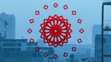 Şehir manzarası üzerindeki şekillerin animasyonu. Küresel iş, finans ve dijital arayüz kavramı dijital olarak oluşturulmuş video.