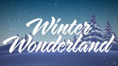 Kar yağışının animasyonu ve kış manzarası üzerine kış harikalar diyarı metni. Noel, gelenek ve kutlama konsepti dijital olarak oluşturuldu.