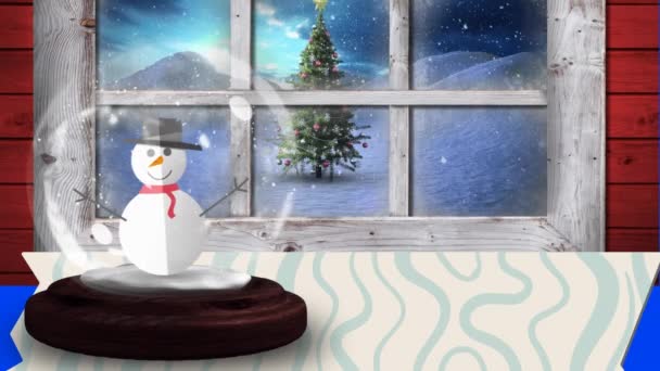 Анимация Снеговика Снежном Шаре Над Оконной Рамой Против Рождественской Елки — стоковое видео
