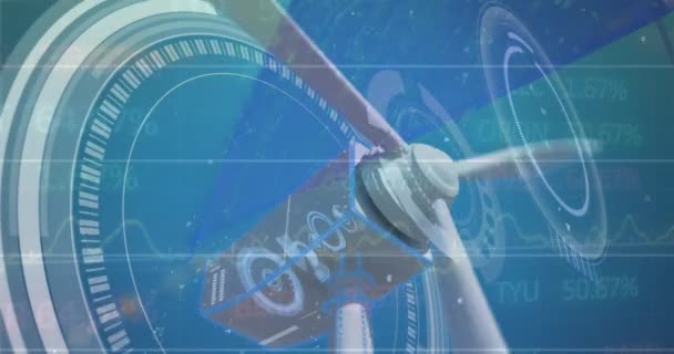 紡績風車に対する株式市場データ処理と丸型スキャナのアニメーション 世界経済と再生可能エネルギー技術の概念 — ストック動画