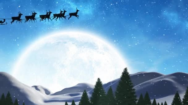 Kış Manzarası Boyunca Noel Baba Nın Üzerine Ren Geyiğiyle Kar — Stok video