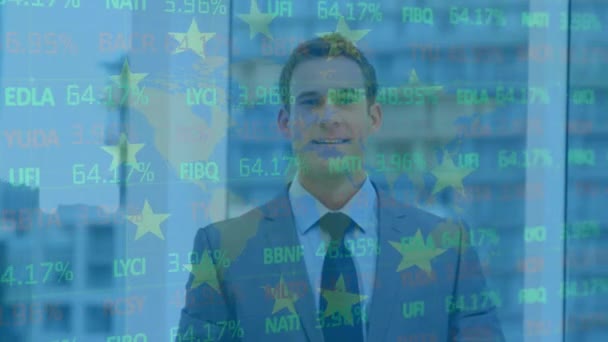 在高加索商人的心目中 社会旗帜和股票市场的动画化 全球商业 金融和数字视频接口概念 — 图库视频影像