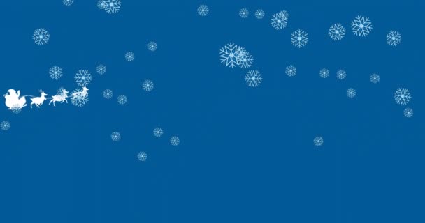 Animacja Płatków Śniegu Spadających Świętego Mikołaja Saniach Ciągniętych Przez Renifery — Wideo stockowe
