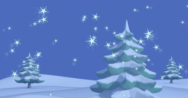 Animacja Świecących Ikon Gwiazd Spadających Nad Drzewami Zimowy Krajobraz Przestrzenią — Wideo stockowe