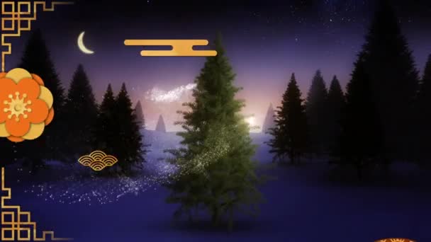 Animacja Dekoracyjnych Kształtów Fotografowania Gwiazdy Nad Choinką Zimowym Krajobrazie Święta — Wideo stockowe