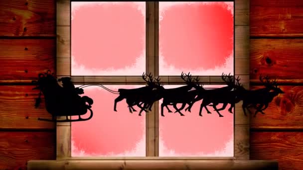 Kırmızı Arka Taraftaki Pencerede Noel Baba Nın Kızak Içinde Canlandırması — Stok video