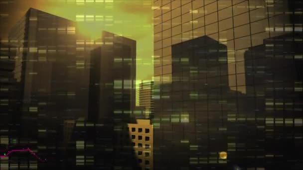 太陽と曇りの空に対する建物の空中ビュー上の複数のグラフのアニメーション デジタル複合材 複数の露出 レポート ビジネス 高層ビル テクノロジーの概念 — ストック動画
