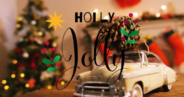ヴィンテージカーで装飾上のクリスマスの挨拶テキストのアニメーション クリスマス お祭り お祝いのコンセプトデジタル生成ビデオ — ストック動画
