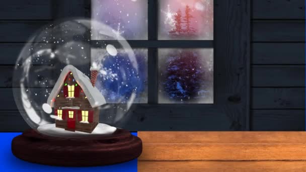 Animacja Domu Śnieżnej Kuli Przed Widokiem Zimowego Krajobrazu Ramy Okna — Wideo stockowe