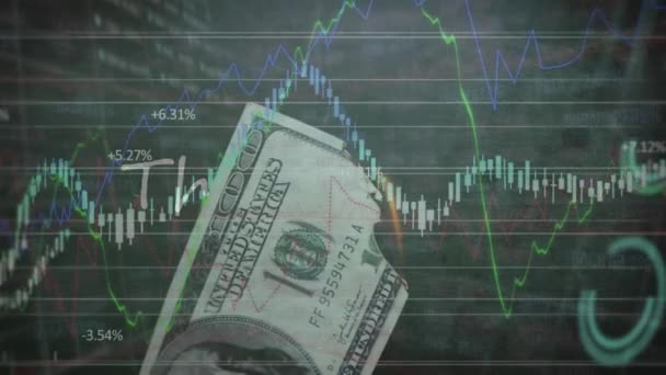 Animatie Van Dank Sms Banner Financiële Gegevensverwerking Tegen Brandend Dollarbiljet — Stockvideo