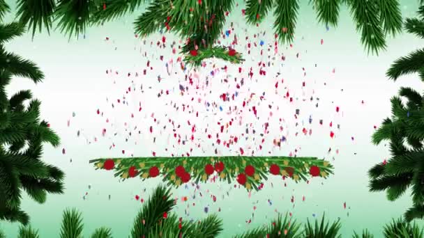 Animation Von Frohen Weihnachten Auf Grünem Hintergrund Mit Konfetti Tannenbäumen — Stockvideo