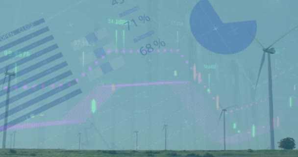 Animatie Van Infografische Interface Draaiende Windmolens Tegen Heldere Lucht Digitale — Stockvideo