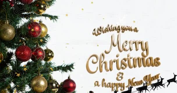 Animación Saludos Navideños Texto Sobre Decoraciones Navideñas Santa Claus Nieve — Vídeos de Stock