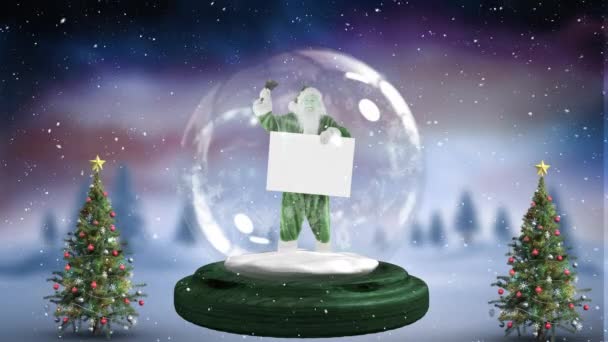 Animacja Śniegu Spadającego Świętego Mikołaja Trzymającego Tabliczkę Kuli Śnieżnej Choince — Wideo stockowe