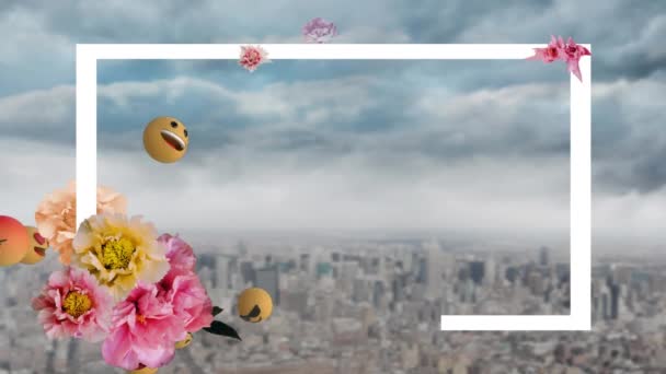 꽃들의 애니메이션 구름낀 하늘을 배경으로 날으는 이모티콘 경관을 배경으로 디지털 — 비디오