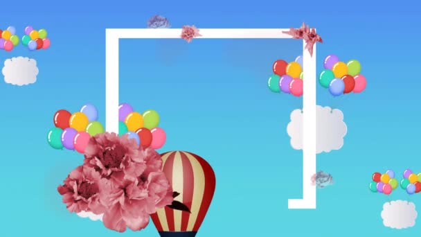 Videó Színes Hőlégballonokat Tartalmaz Amelyek Kék Hátterében Repülnek Van Egy — Stock videók