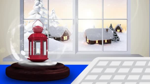 在一个黑色背景的雪球上 一个灯笼的圣诞装饰被展示出来 雪球在摇晃 雪在下 — 图库视频影像