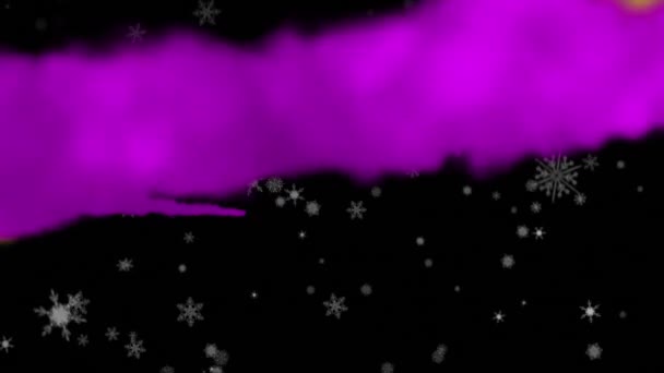Animation Snowflakes Falling Purple Yellow Smoke Trails Black Background Technology — Stock Video